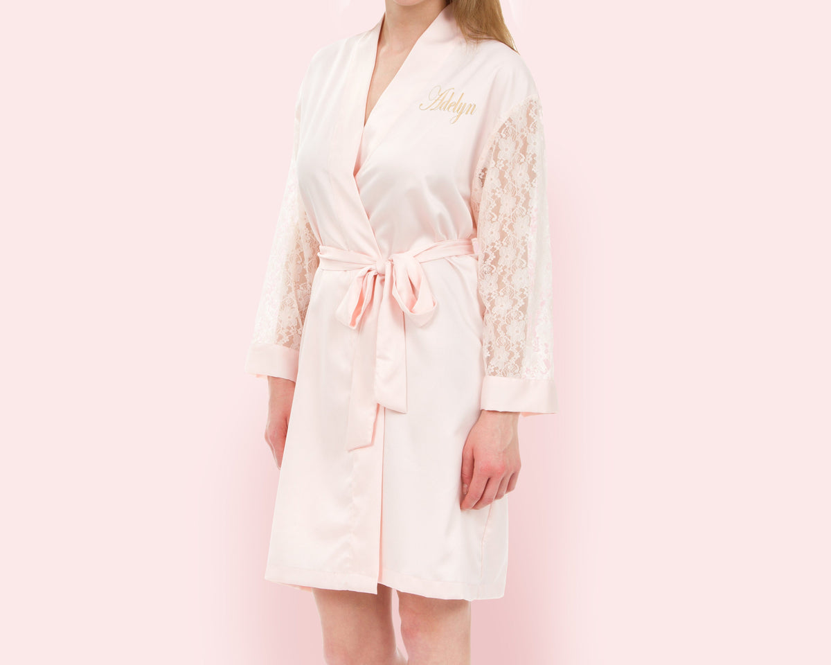 The Lace Sleeve Matte Satin Robe — personalized lace sleeve satin robe