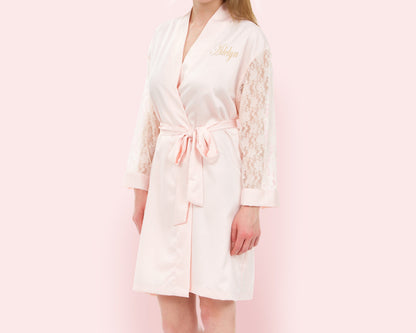The Lace Sleeve Matte Satin Robe — personalized lace sleeve satin robe