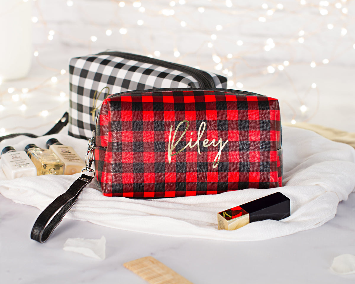 The Chalkboard Buffalo Plaid Zip Pouch — personalized buffalo plaid makeup bag