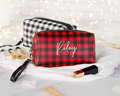 The Chalkboard Buffalo Plaid Zip Pouch — personalized buffalo plaid makeup bag