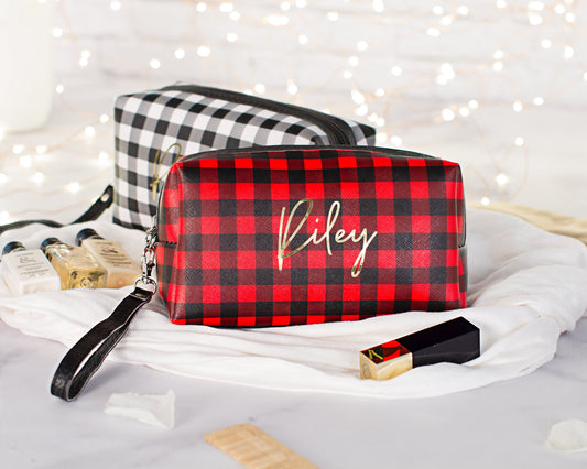 The Chalkboard Buffalo Plaid Zip Pouch — personalized buffalo plaid makeup bag