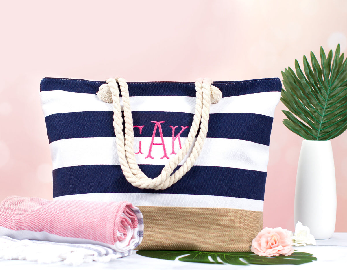 The Cabana Striped Canvas Beach Tote — personalized striped beach bag