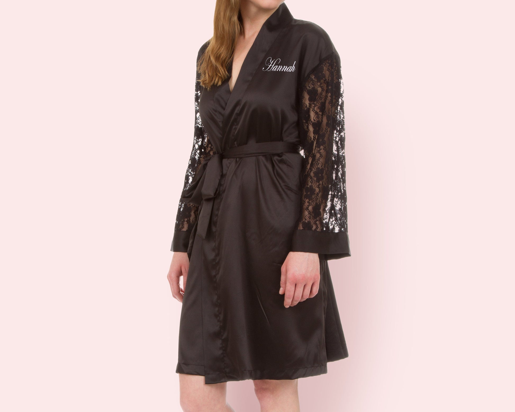 The Lace Sleeve Matte Satin Robe — personalized lace sleeve satin robe