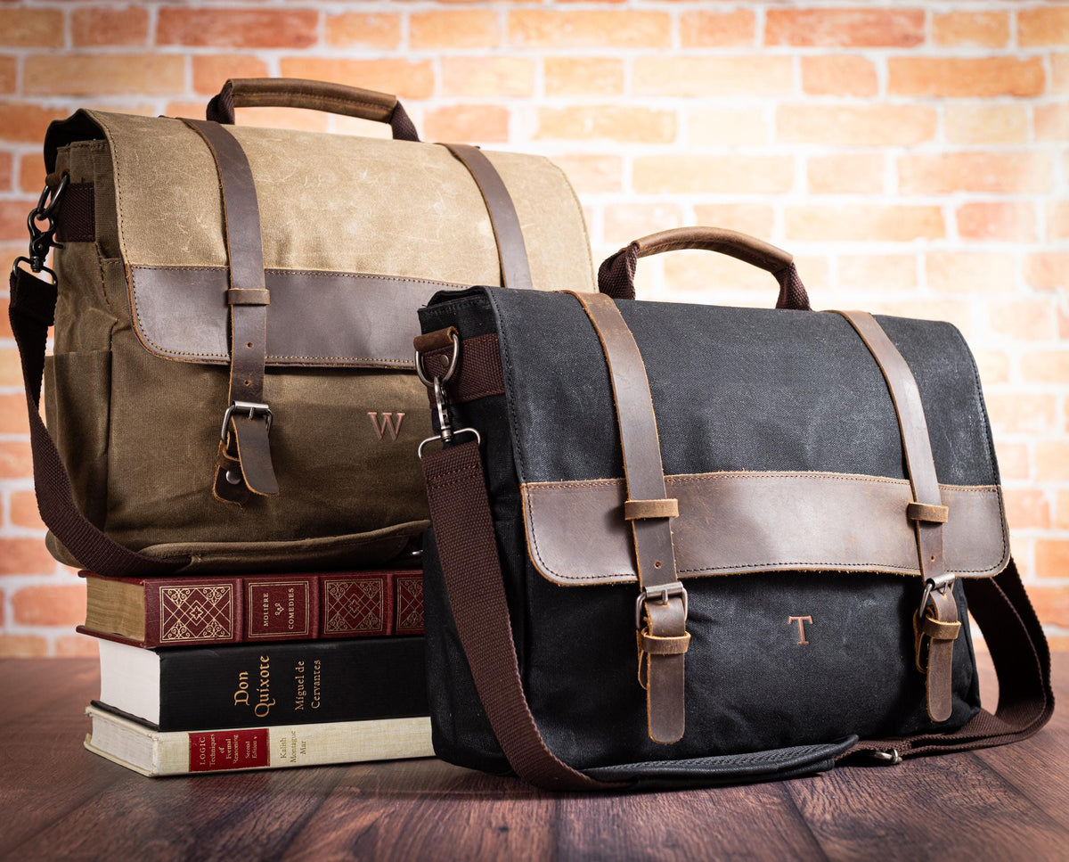 Waxed Canvas Crossbody Messenger Bag with Laptop Sleeve