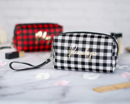 The Chalkboard Buffalo Plaid Zip Pouch — personalized buffalo plaid makeup bag