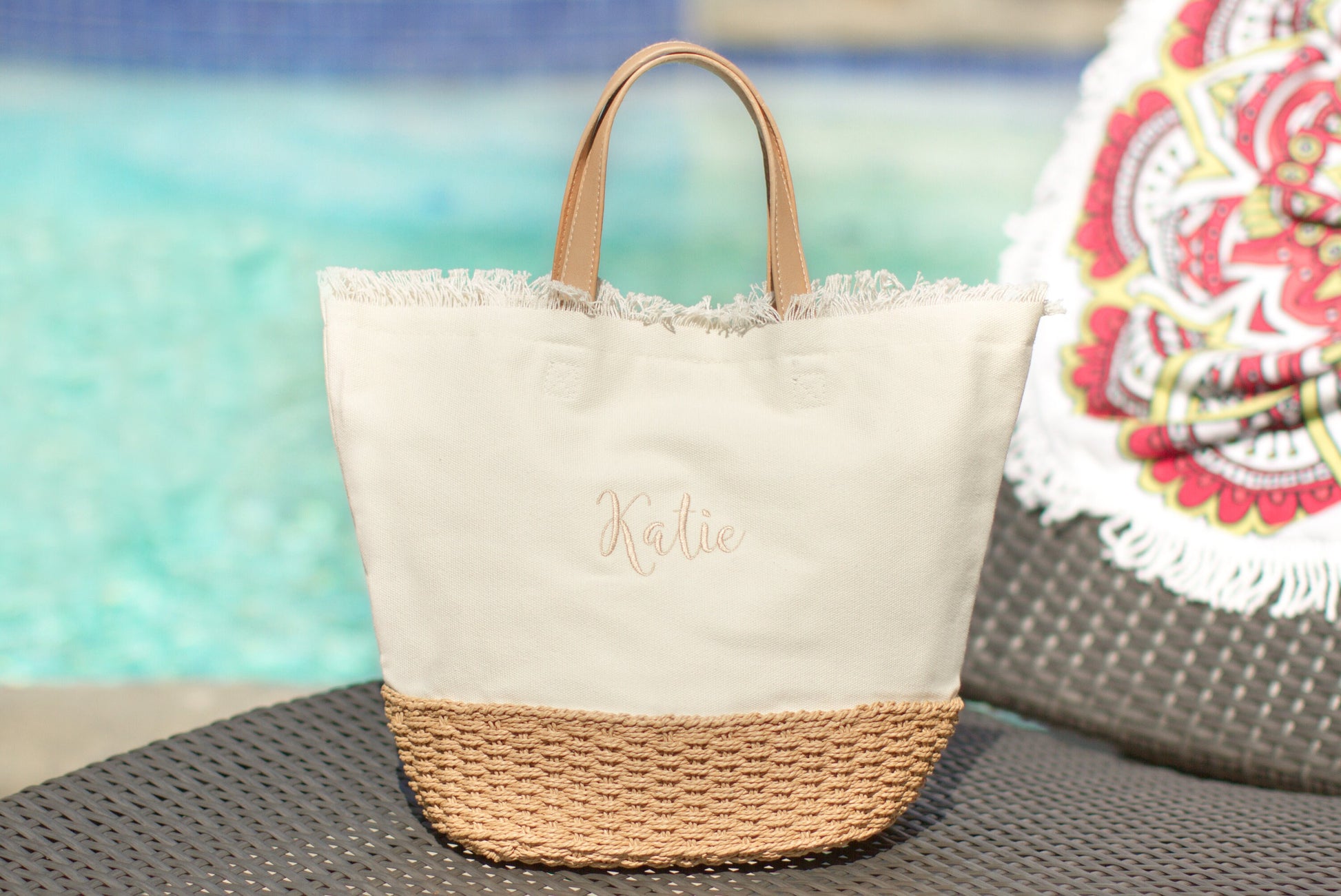The Farmers Market Canvas Tote — personalized canvas tote with basket-weave base