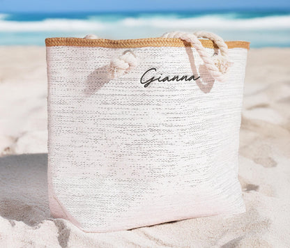 The Seaside Straw-Trim Canvas Tote — personalized straw-trim beach tote