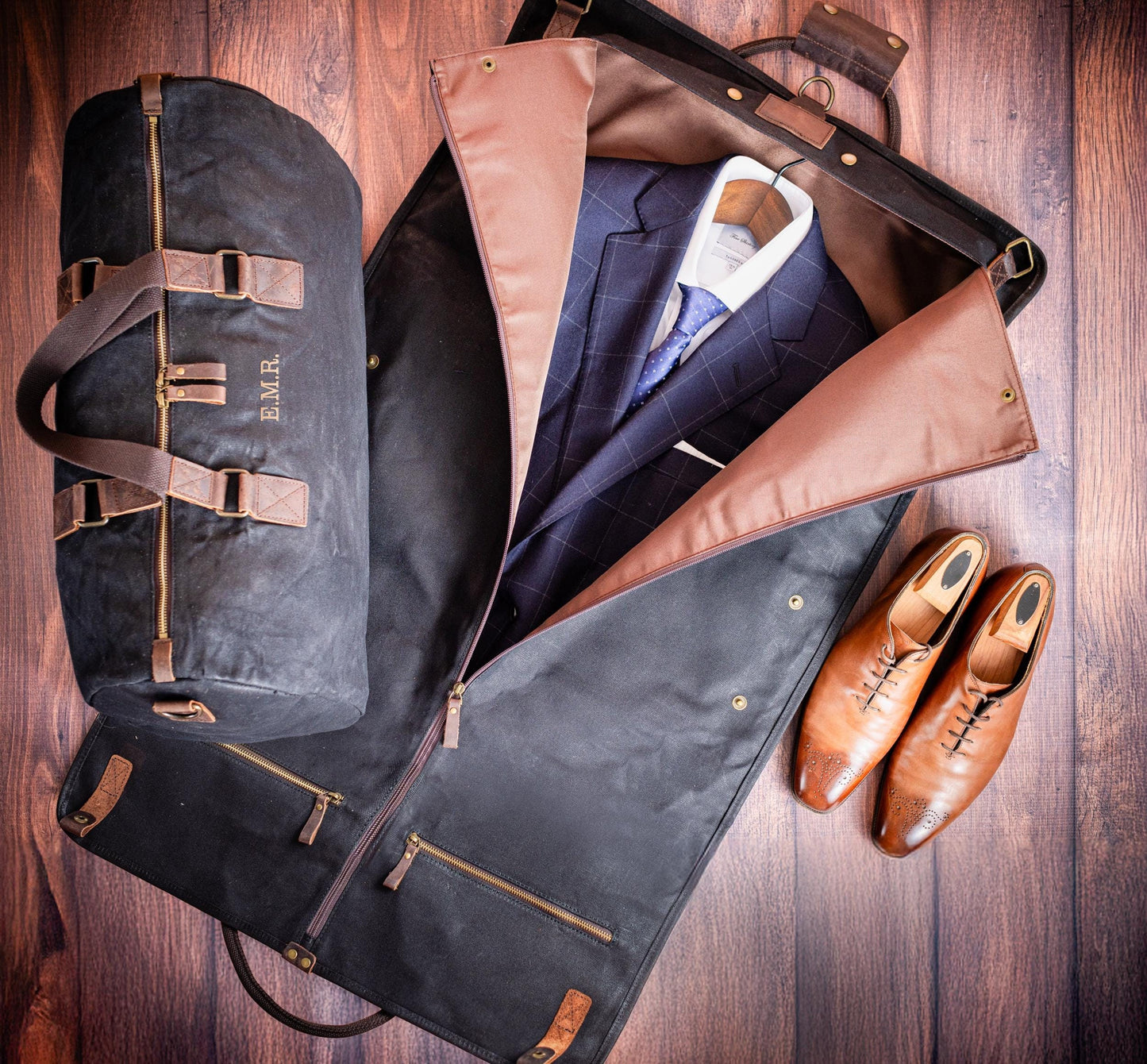 The Globetrotter Garment Bag Duffle Set — personalized waxed canvas garment bag duffle set