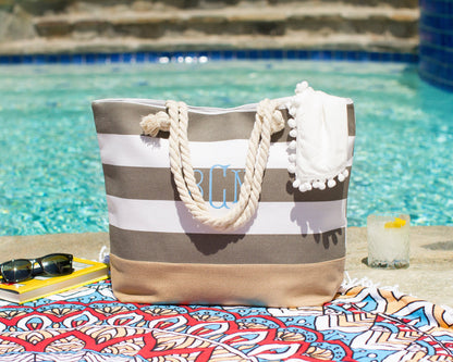 The Cabana Striped Canvas Beach Tote — personalized striped beach bag