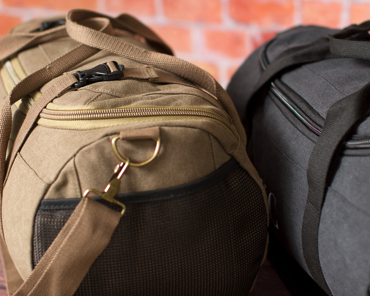 Washed canvas weekender duffle with embroidered monogram