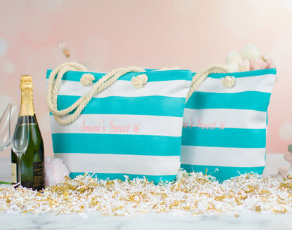 Two turquoise bridesmaid tote bags with champagne and gold confetti, styled as a wedding party gift