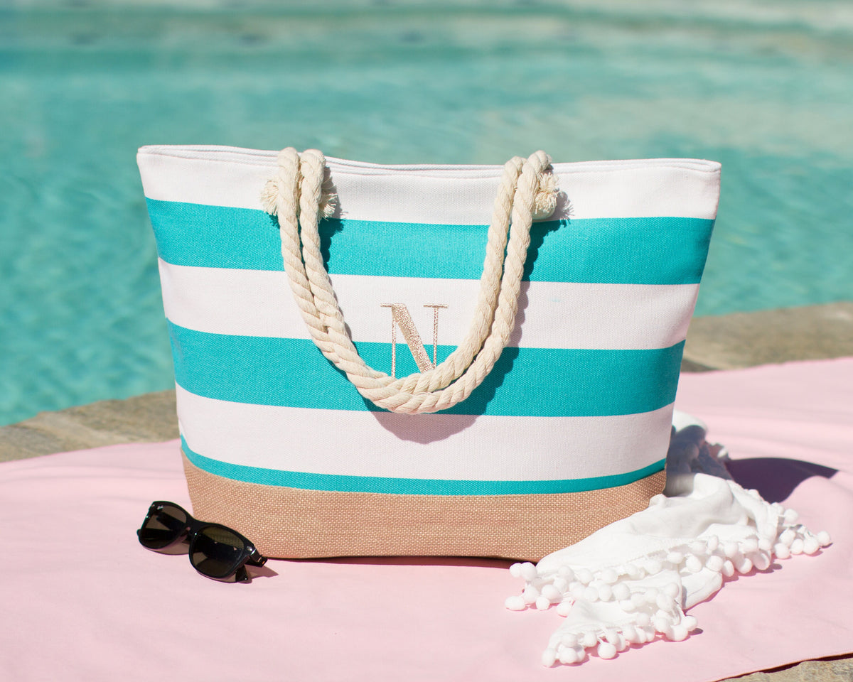 The Cabana Striped Canvas Beach Tote — personalized striped beach bag
