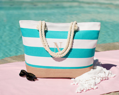 The Cabana Striped Canvas Beach Tote — personalized striped beach bag