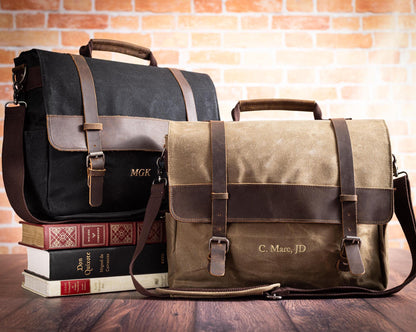 Waxed Canvas Crossbody Messenger Bag with Laptop Sleeve