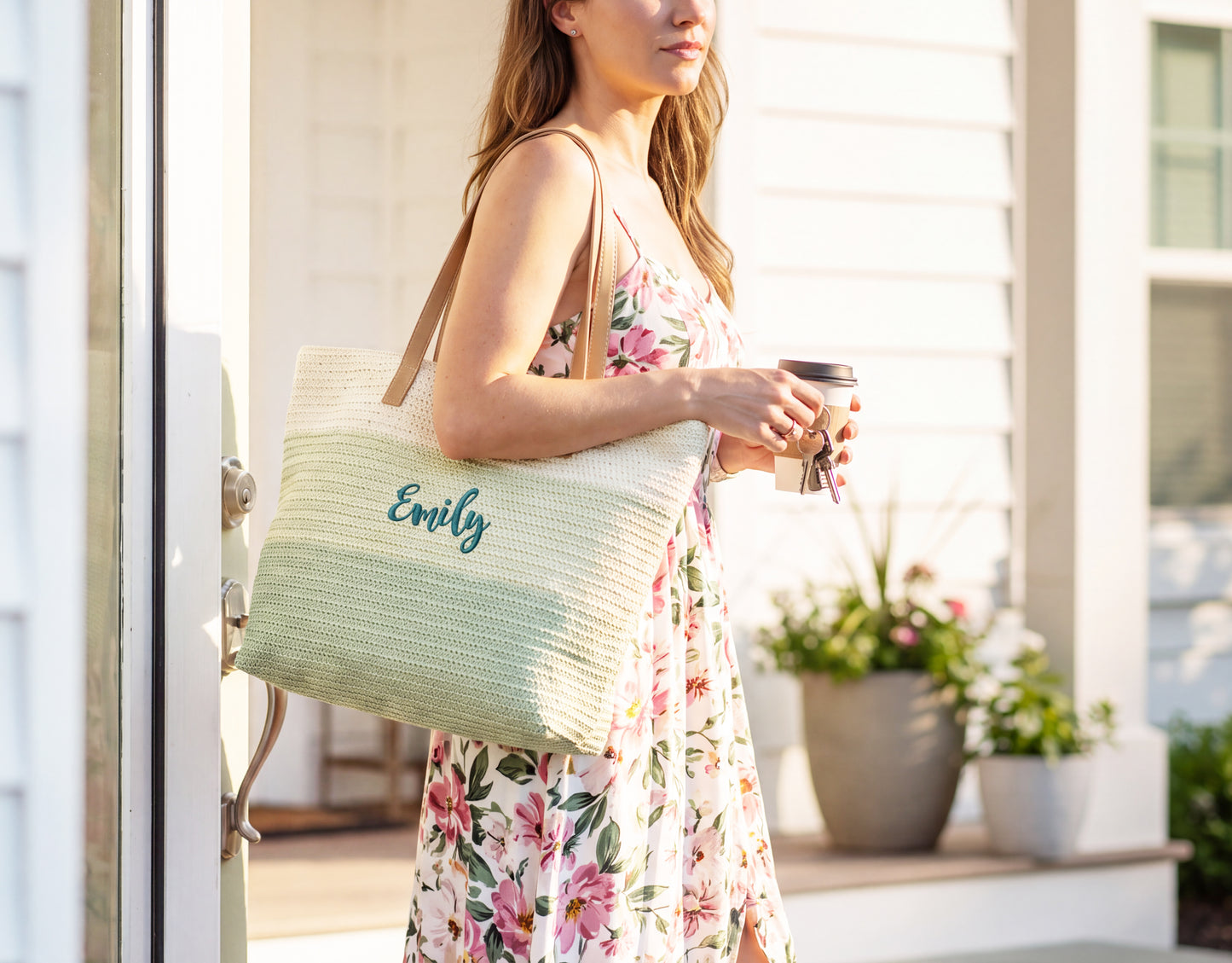 Sunny Vibes Woven Straw Beach Tote Bag