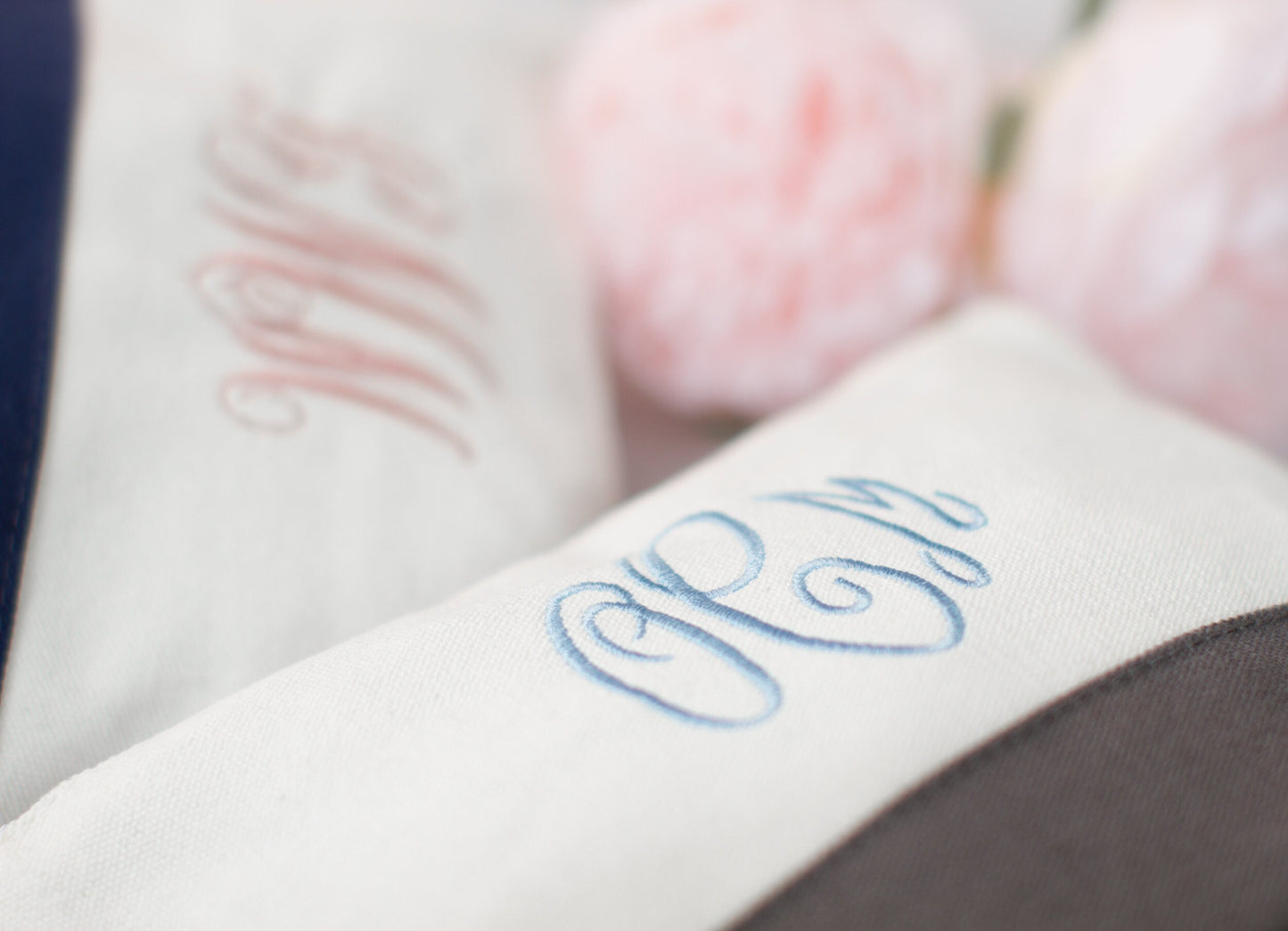 The Getaway Canvas Cosmetic Bag — two white bags with monogram initials