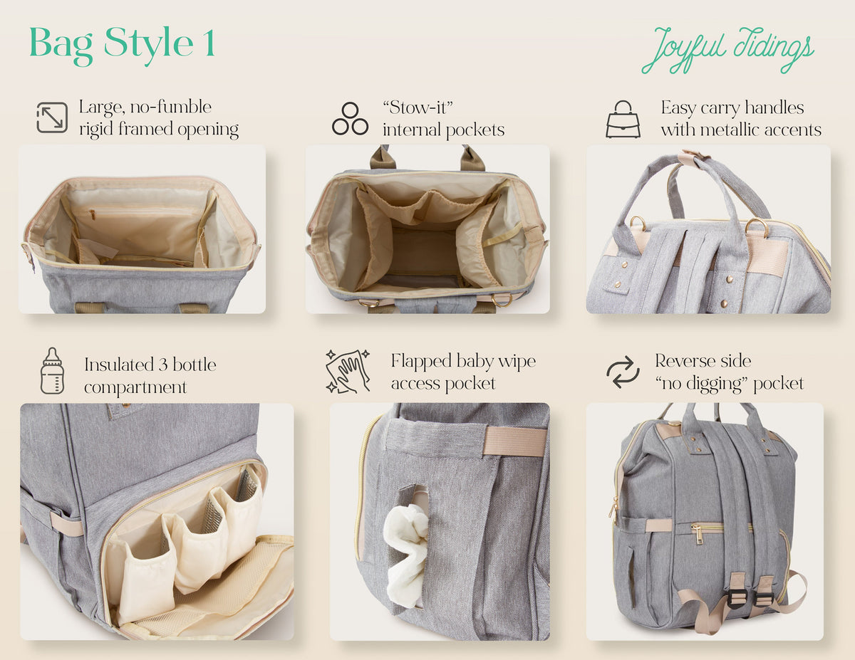 The Nursery Run Diaper Backpack — Bag Style 1 features: framed opening, internal pockets, insulated bottle compartment, wipe access pocket