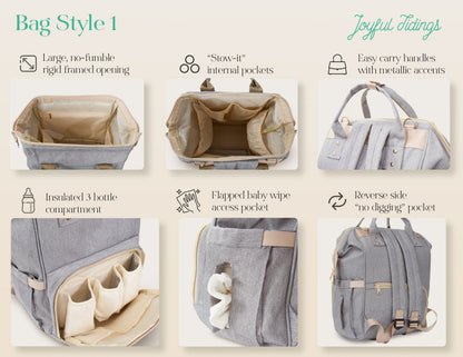 The Nursery Run Diaper Backpack — Bag Style 1 features: framed opening, internal pockets, insulated bottle compartment, wipe access pocket