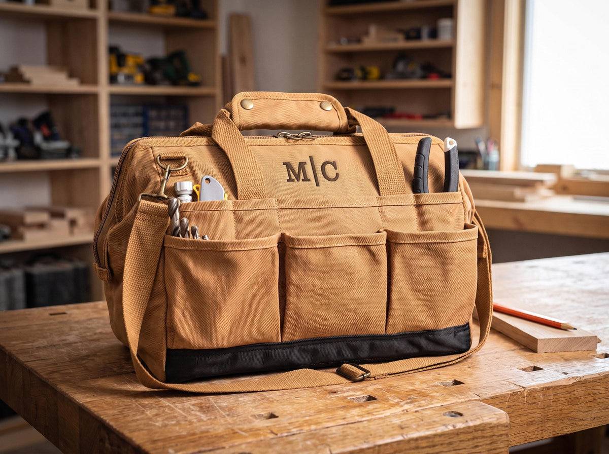 Brown canvas tool bag with contrasting black base, carry handles and shoulder strap.