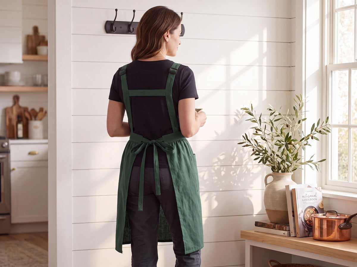 Back of the Juniper Coffeehouse apron showing adjustable shoulder straps, a horizontal connecting strap and tie waist.