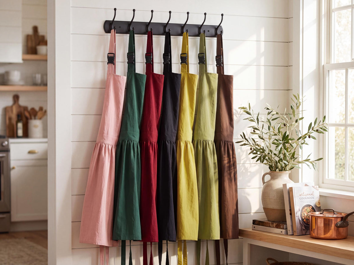 Seven Coffeehouse pinafore aprons hanging side by side, showing their bibs, gathered skirts and shoulder buckles.