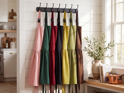 Seven Coffeehouse pinafore aprons hanging side by side, showing their bibs, gathered skirts and shoulder buckles.