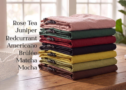 Coffeehouse apron color chart showing Rose Tea, Juniper, Redcurrant, Americano, Brûlée, Matcha and Mocha.