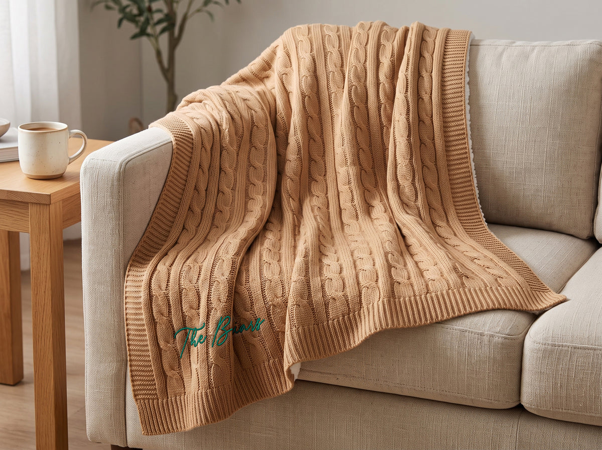 Camel cable-knit throw with teal family-name embroidery draped over a neutral sofa beside a mug.