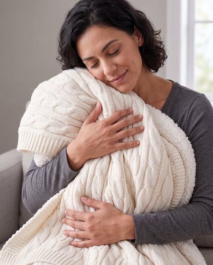 Woman holding a Cream throw showing its cable-knit front, ribbed edge and plush white sherpa reverse.